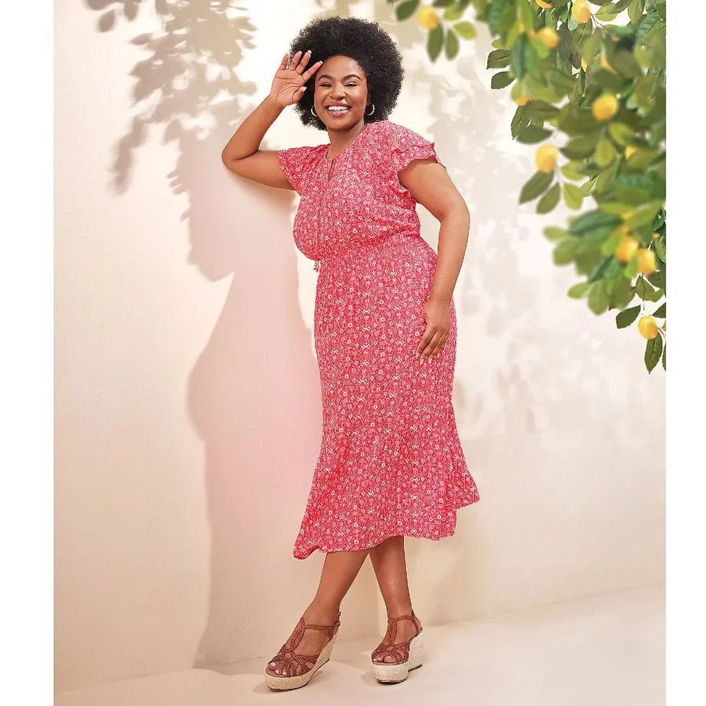 Destination 365 Short-Sleeve Midi Dress w Smocking- Red (sz Small) a596751 - Picture 3 of 3